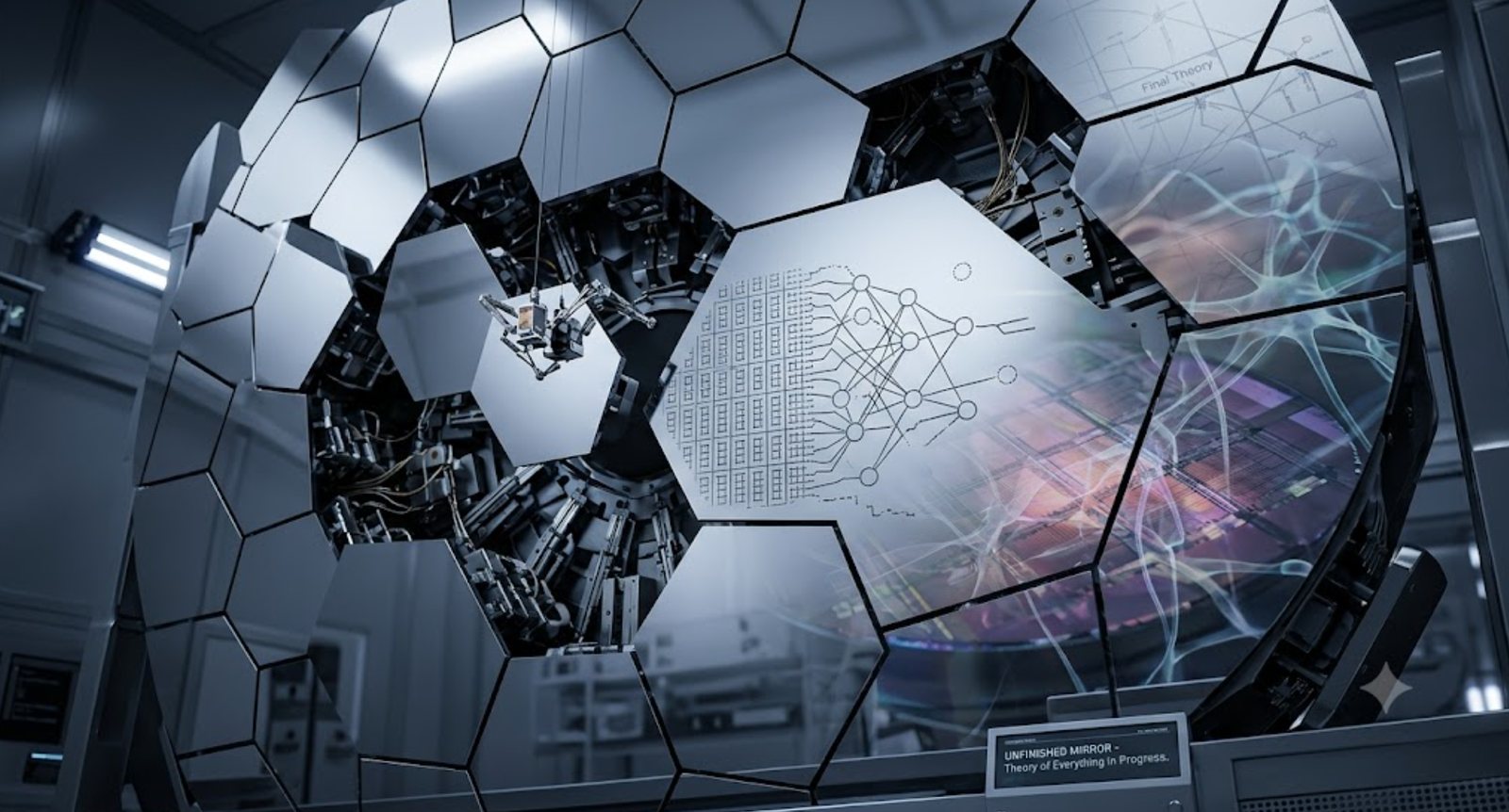 A segmented hexagonal mirror array under assembly in a clean room — a robotic actuator adjusting one panel, a GPU die and neural-network schematic etched across the central mirror, and a plaque reading 'Unfinished Mirror — Theory of Everything in Progress.'
