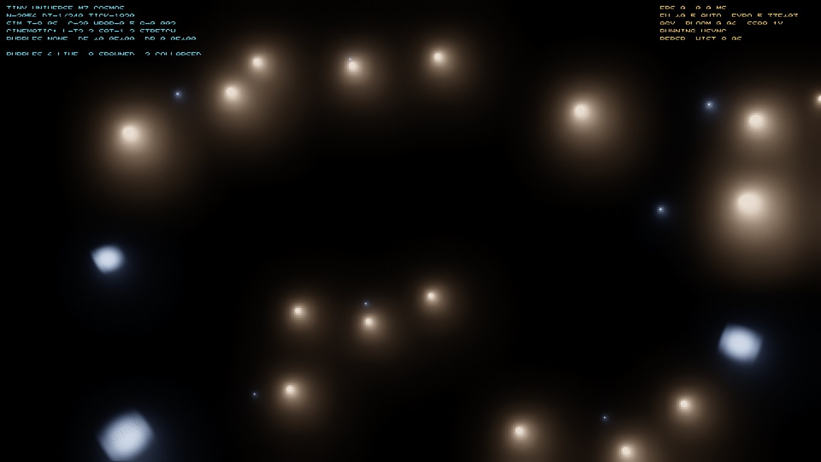 Warm galaxy clusters with a few bluish square quantum-wavefunction glows roaming among them.