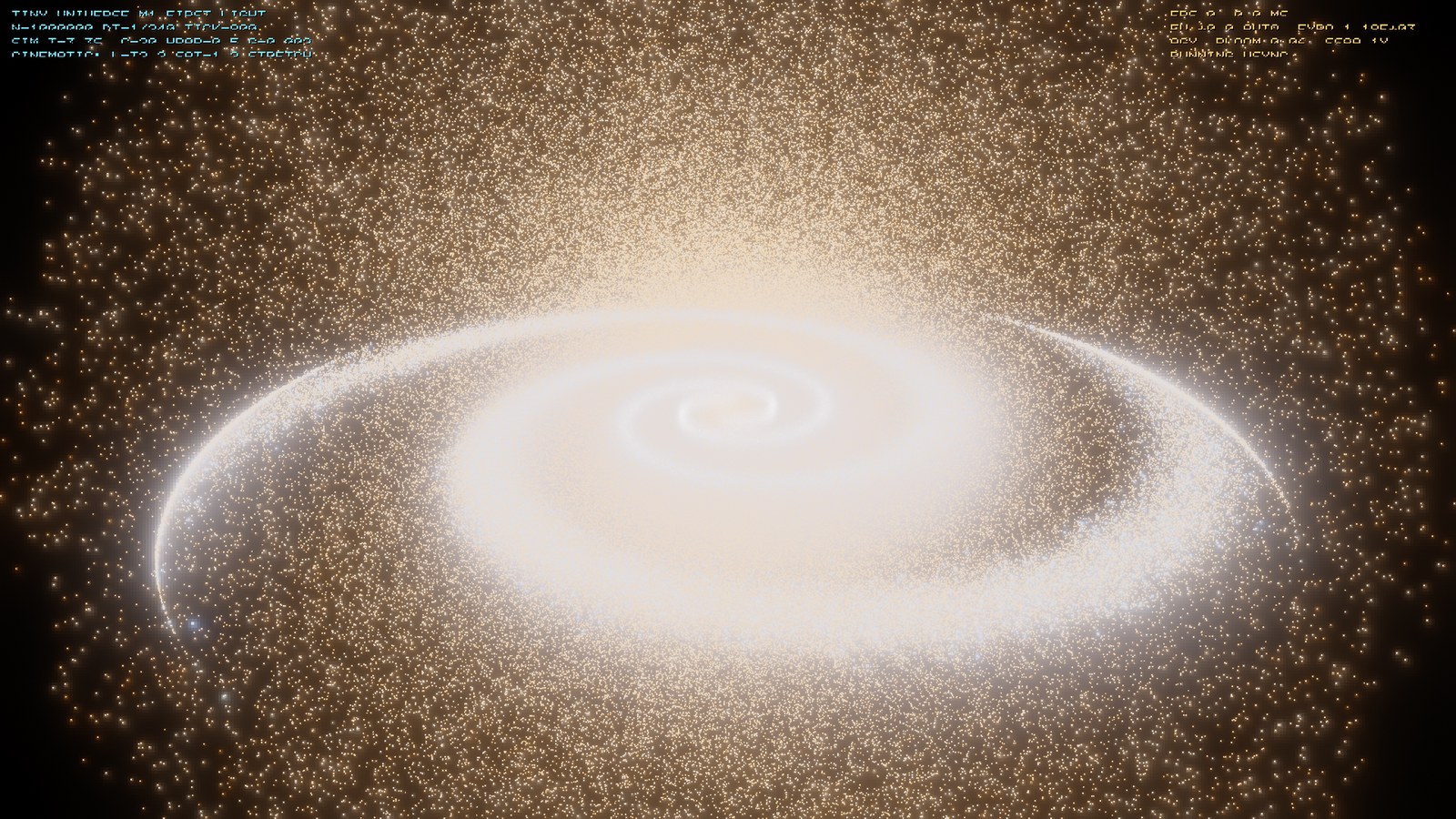 A face-on spiral of a million simulated stars glowing warm on a dark starfield.