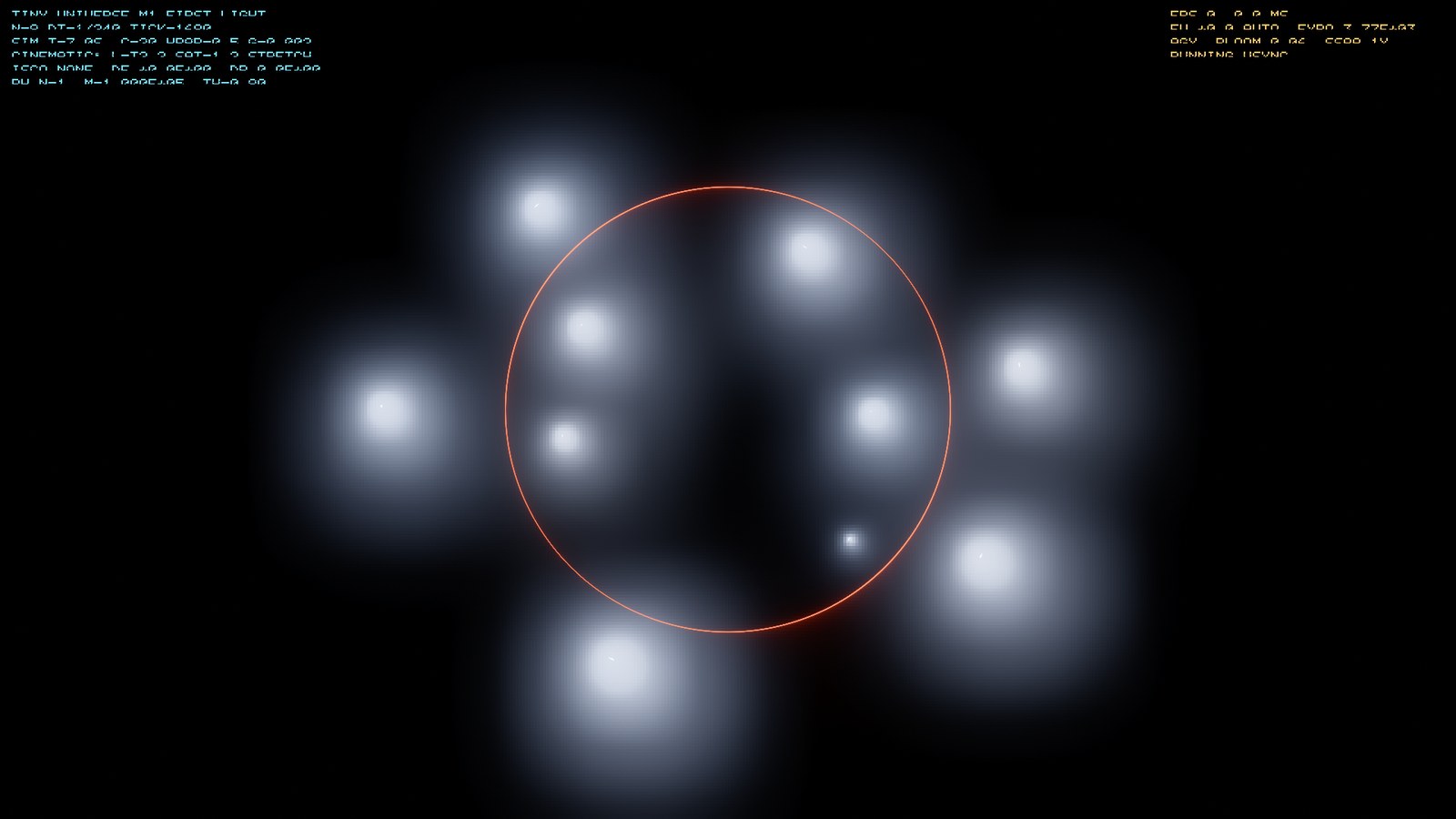 A thin orange Einstein ring around a dark central hole, with soft glowing blobs of Hawking-lit matter.