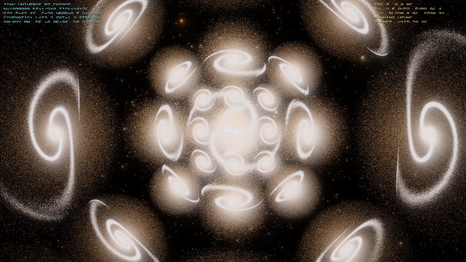 Tiny Universe rendered as a little planet: a glowing core ringed by spiral galaxies, wrapped into a globe by stereographic projection.