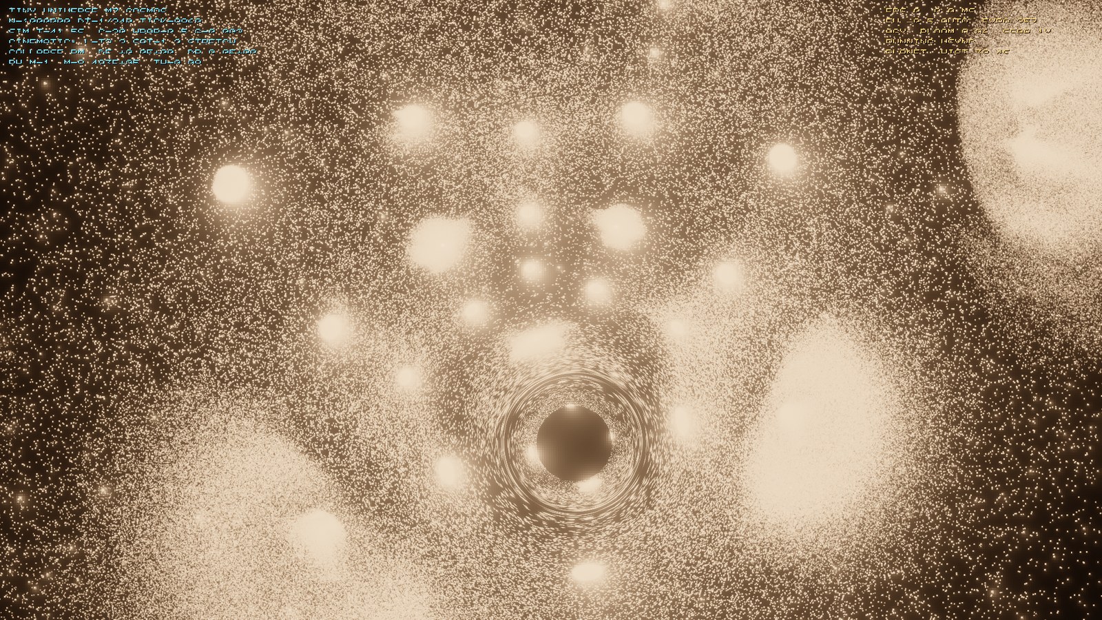 A wrapped torus star-field with a dark black-hole shadow bending the light near the centre.
